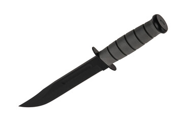 Modern hunting knife with black blade and rubber handle. Steel arms. Isolate on a white back.