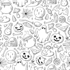 Halloween seamless pattern with hand drawn doodles for coloring pages, wrapping paper, wallpaper, backgrounds, textile prints, scrapbooking, sublimation, etc. EPS 10
