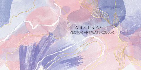 Violet lavender liquid marbled watercolor brush strokes background with golden lines. Pastel purple periwinkle alcohol ink drawing effect. Vector illustration design for wedding invitation, rsvp © svetolk