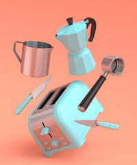 Toaster, coffee machine horn and geyser coffee maker on coral background.