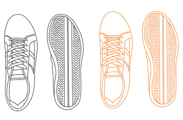 Two Sneakers with black and orange in a white background.