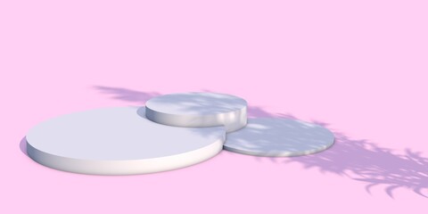 White podium on pink background, product advertisement design with plant leaves and shadow. Minimalistic background for advertising. 3D render