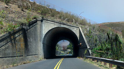 Tunnel view of Golden Gate Bridge from Sausalito, Ca on a foggy sunny regular day in the San Francisco Bay Area