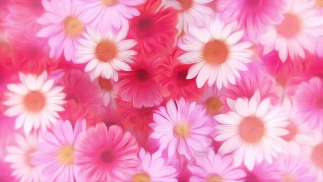 Beautiful Summer nature floral motion background animation in the style of an oil painting with gently moving white daisy flowers and pink and red gerbera daisies in full bloom.