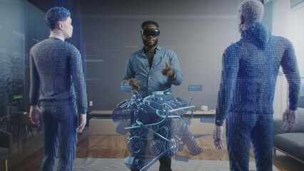 African american engineer developer discussing a 3D model of a new car engine in a virtual space metaverse office with avatars of colleagues, using a virtual reality headset. - Powered by Adobe