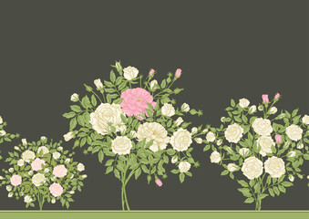 Roses flowers on branches. Millefleurs trendy floral design. Seamless border pattern, linear ornament, ribbon Vector illustration. On green background