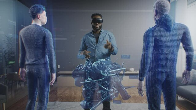 African american engineer developer discussing a 3D model of a new car engine in a virtual space metaverse office with avatars of colleagues, using a virtual reality headset.