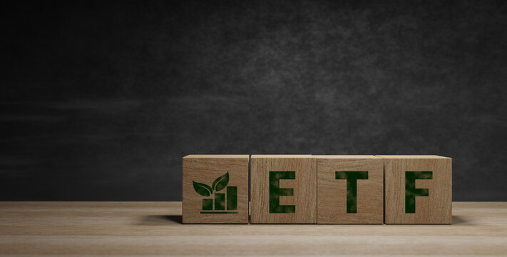 ETF word on wood blocks concept with minimal dark wall background 3D Render