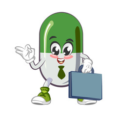 vector illustration of cute capsule mascot wit tie and suitcase