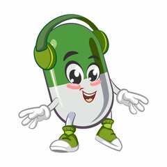 vector illustration of cute capsule mascot wearing headset