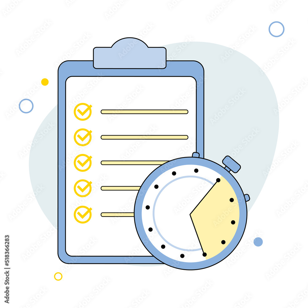 Poster timing concept with clock and checklist on clipboard. paper test with timer, checklist, exam concept