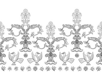 Byzantine traditional historical motifs of animals, birds, flowers and plants Seamless border pattern, linear ornament, ribbon. Outline vector illustration.