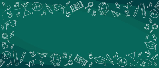 Back to school. Abstract blackboard. Green board with hand-drawn chalk school supplies. Concept of education. Design elements for school, school time, student, learning. Doodle style art