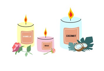 Scented candles with Vanilla, Rose and Coconut flavors. Illustration for the mood of comfort and relaxation. Matches lie next to three lit candles. Flat, vector.