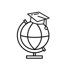 Graduation cap hang on the globe. Back to school icon. Combination of a graduation cap and earth. World Education. Online Master's Degrees Continuous Line Editable Stroke Icon.