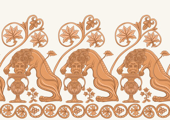 Byzantine traditional historical motifs of animals, birds, flowers and plants Seamless border pattern, linear ornament, ribbon in beige. Vector illustration.