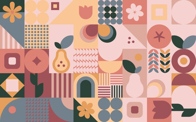Geometryczna kompozycja - kolorowa jesienna mozaika z jabłkiem, gruszką i kwiatami. Powtarzający się wzór w stylu bauhaus do zastosowania jako tło do projektów. - obrazy, fototapety, plakaty