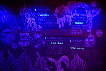 Scientific notes on wall in the dark with neon colors at Otherworld