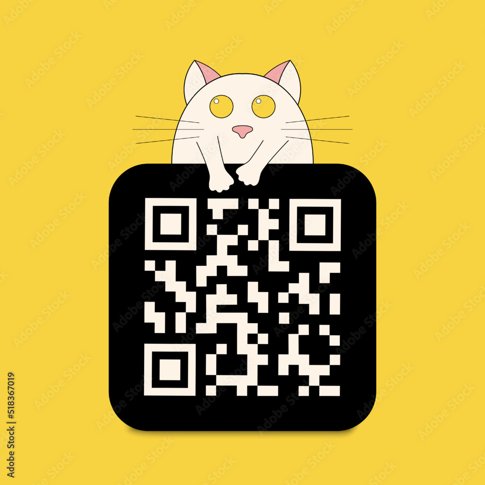 Poster qr code with cat illustration. scan qr code icon. vector illustration of cartoon character. modern f
