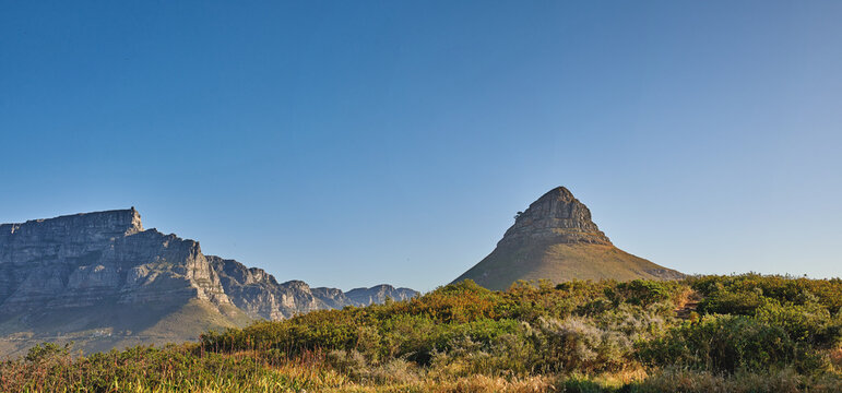 Copy Space, Landscape View And Mountains Of Lions Head And Table Mountain In Serene, Relaxing Nature Reserve. Blue Sky With Copyspace In Cape Town, South Africa Of Tranquil, Local Countryside Scenery