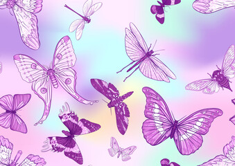 Obraz na płótnie Canvas Set of insects: beetles, butterflies, moths, dragonflies. Etymologist's set. Seamless pattern, background. Vector illustration. In realistic style on soft pastel background