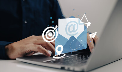 The idea of email marketing. advertising media, focusing on consumers, sending messages, inviting...