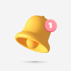 Fototapeta premium 3d vector yellow notification bell with red round new message icon design. Social media notice or alert event reminder, notification message concept art.