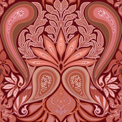 Paisley, traditional damask classical luxury old fashioned floral ornament. Seamless pattern, background. Vector illustration. In soft red colors.