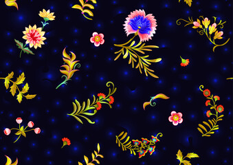 Obraz na płótnie Canvas Fantasy flowers in retro, vintage, jacobean embroidery style. Seamless pattern, background. Vector illustration.