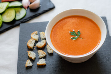 Side view, traditional spanish gazpacho.
