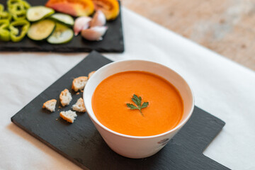 Side view, traditional spanish gazpacho.