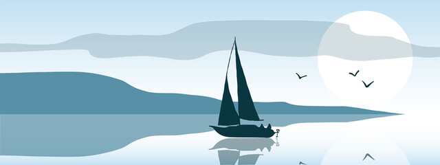 yacht on the lake with seagulls summer landscape, vector banner, digital background good for wallpaper and print