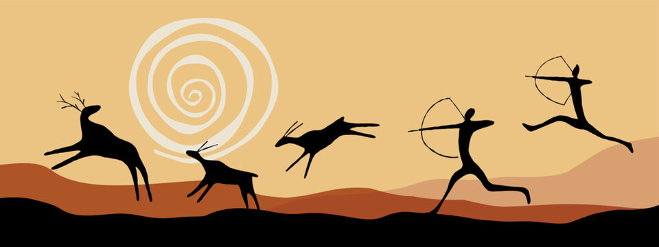 ancient hunters and deers vector landscape, digital retro background good for wallpaper and print design