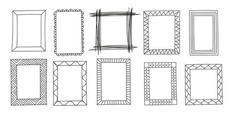 Set of 10 hand-drawn doodle frames. Vector decorative design elements.