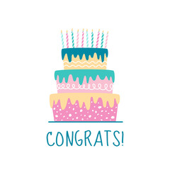 Cute Happy Birthday card with colorful cake and candles. Flat style vector illustration
