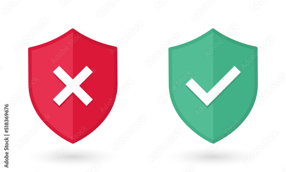 Poster green shield with check mark and red shield with cross mark icons. symbols on the rejection or confi
