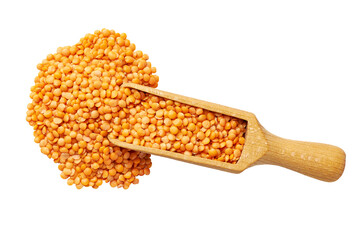 wooden spoon or scoop with red lentils  isolated on white background top view.