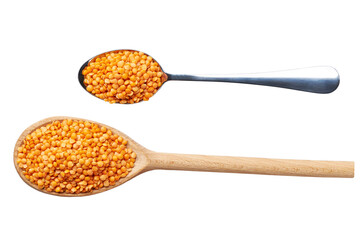 wooden and metal spoon with red lentils isolated on white background top view.