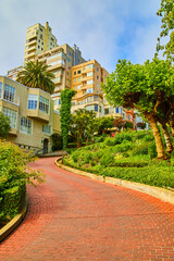 Variety of homes on Lombard Street with stunning curved brick road