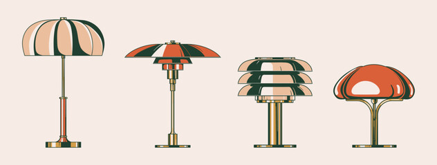 Set of vintage lamps retro style illustration. Flat design stickers isolated on beige background. Icons set