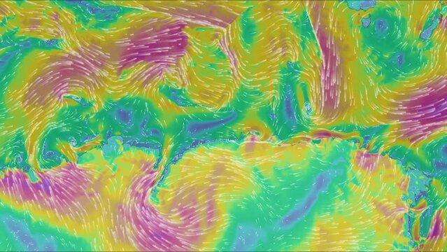 Map of the direction of wind currents. Sea, ocean and continents. Color infographic. The movement of the winds. Warm and cold zones. Planet Earth. Weather forecast. Formation of storms and hurricanes.