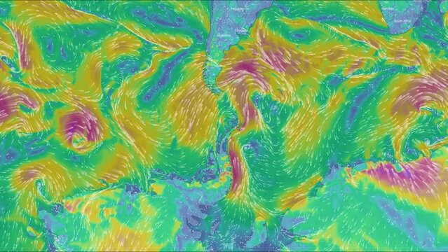 Map of the direction of wind currents. Color infographic. The movement of the winds. Warm and cold zones. Planet Earth. Weather forecast. Formation of storms and hurricanes.