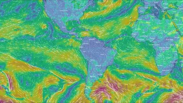 Map of the direction of wind currents on the continent of America. Northern and southern parts. Color infographic. The movement of the winds. Warm and cold zones. Atlantic Ocean. Coastline. Weather fo