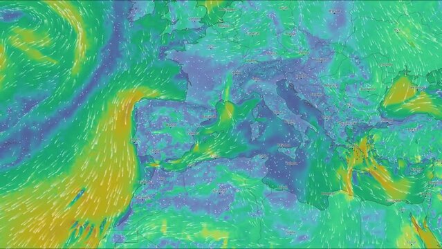 Map of the direction of wind currents. England and Europe. Color infographic. The movement of the winds. Warm and cold zones. Atlantic Ocean. Coastline. Weather forecast. Formation of storms and hurri