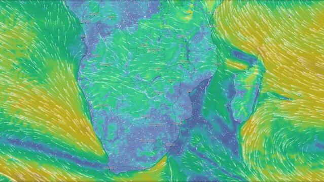 Map of the direction of wind currents. African continent. Color infographic. The movement of the winds. Warm and cold zones. Planet Earth. Weather forecast. Formation of storms and hurricanes.