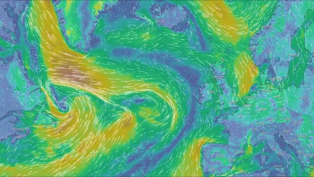Map of the direction of wind currents. Atlantic Ocean. Color infographic. The movement of the winds. Warm and cold zones. Planet Earth. Weather forecast. Formation of storms and hurricanes.