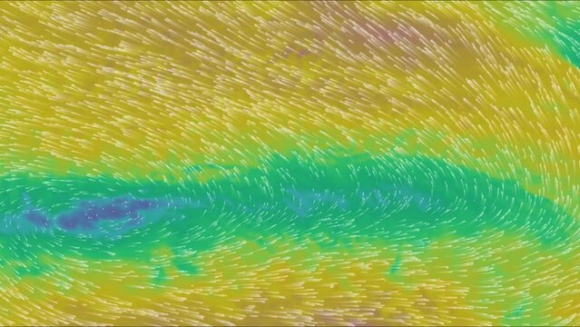 Map of the direction of wind currents. Sea, ocean and continents. Color infographic. The movement of the winds. Warm and cold zones. Planet Earth. Weather forecast. Formation of storms and hurricanes.