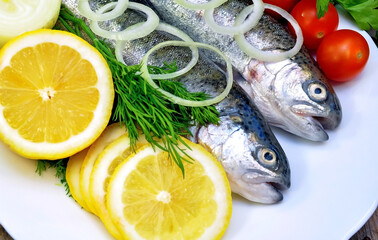 two rainbow trout with lemon and vegetables