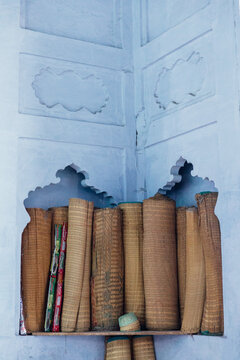 Details in the blue wall of a mosque in Varanasi, India