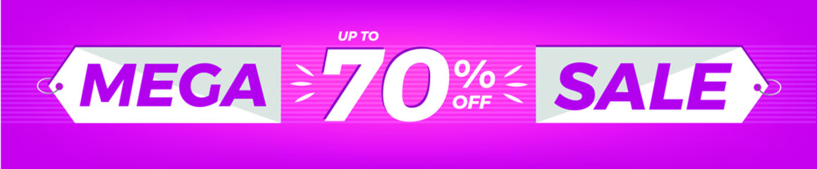 70% off. Horizontal pink banner. Advertising for Mega Sale. Up to seventy percent discount for promotions and offers.